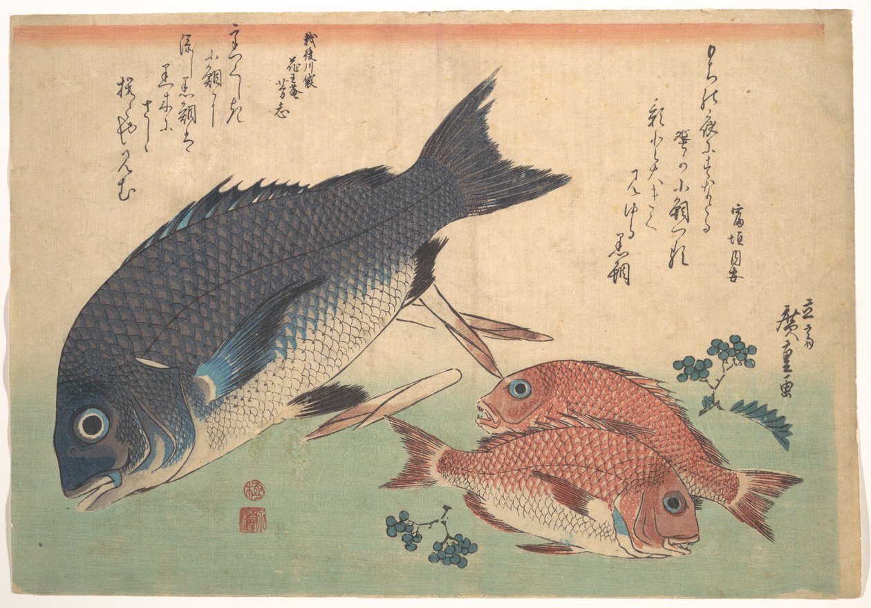 Kurodai and Kodai Fish with Bamboo Shoots and Berries, from the series Every Variety of Fish by Utagawa Hiroshige