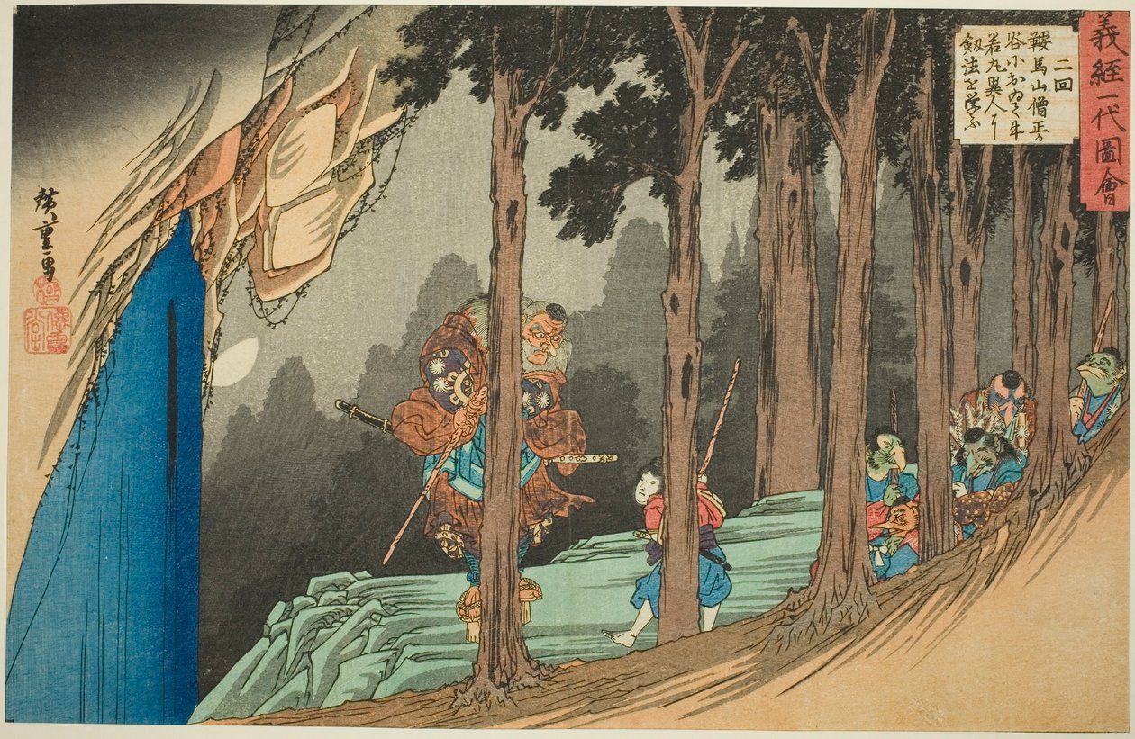 Ushiwakamaru Learns Swordplay from the Tengu at Sojogatani on Mount Kurama, from the Series 