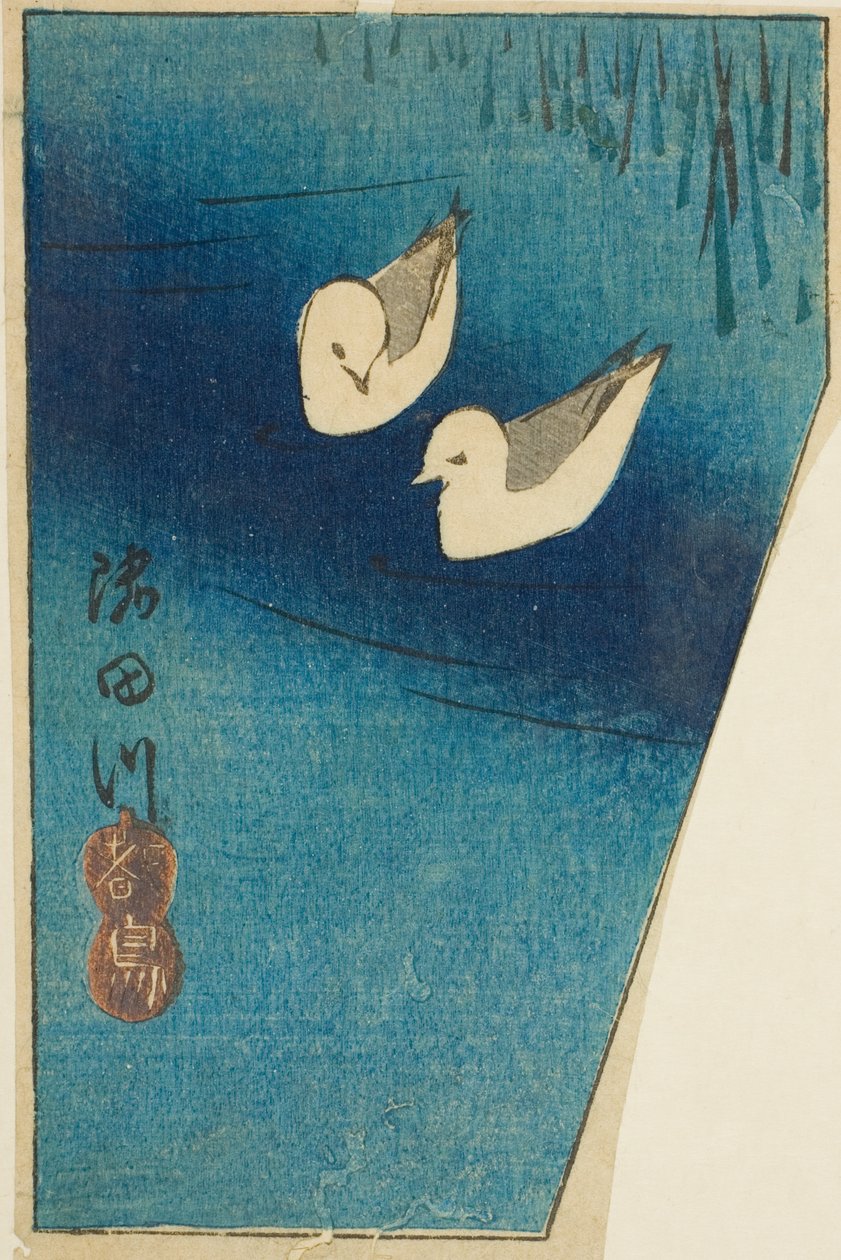 Oystercatchers on the Sumida River, section of a sheet from the series "Cutouts of Famous Places in Edo" by Utagawa Hiroshige