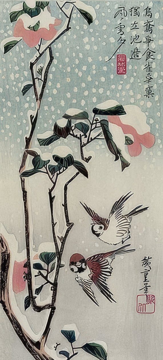 Sparrows and Camellias in the Snow by Utagawa Hiroshige