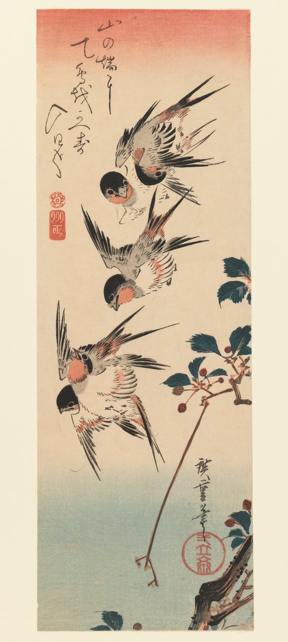 Tanzaku, Four Swallows by Utagawa Hiroshige