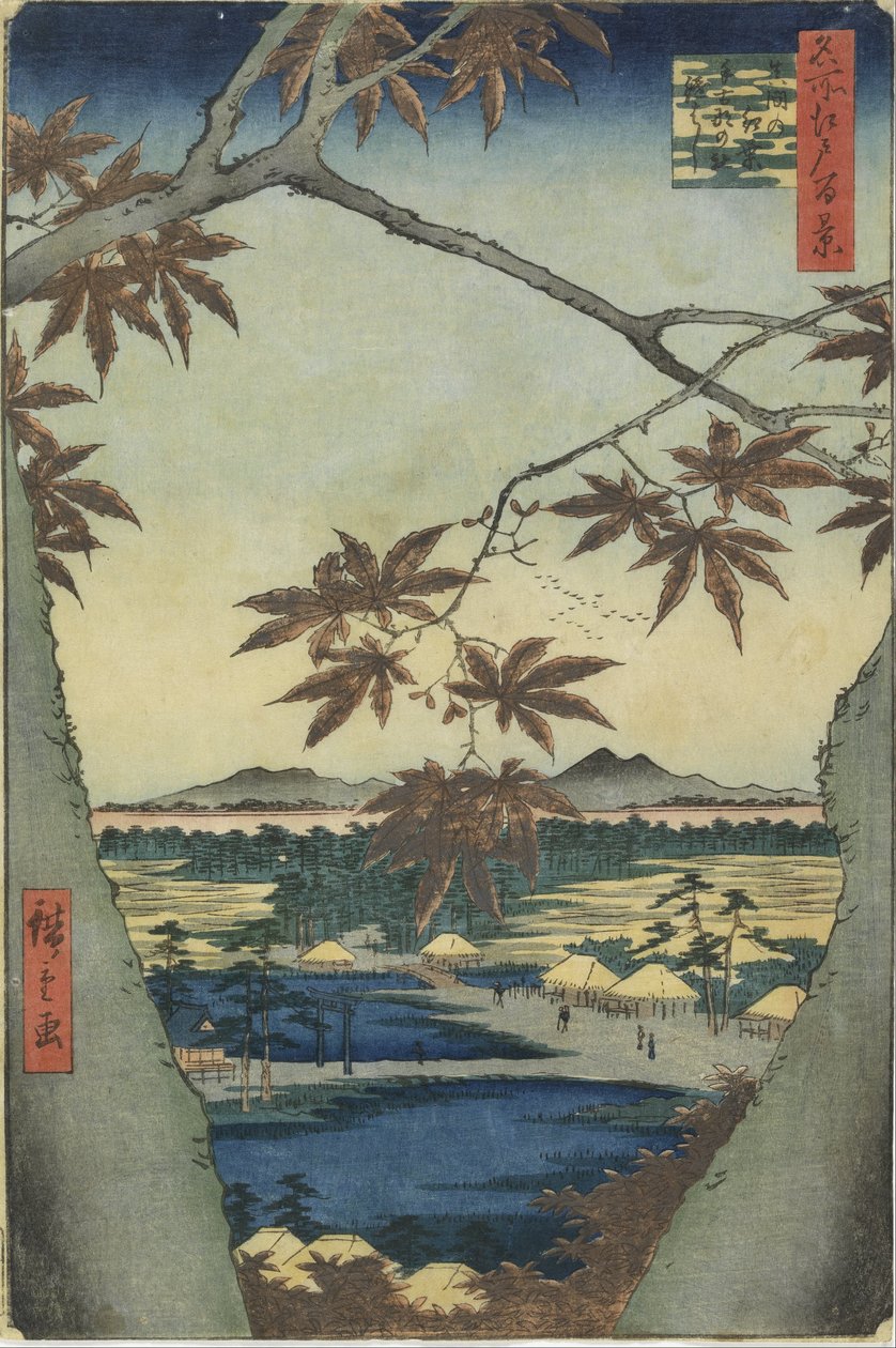The Maple Leaves of Mama, Tekona Shrine and Tsugi Bridge by Utagawa Hiroshige