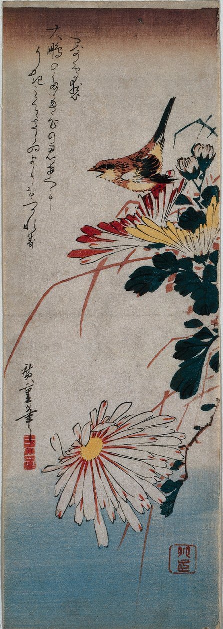Wren and Chrysanthemums by Utagawa Hiroshige