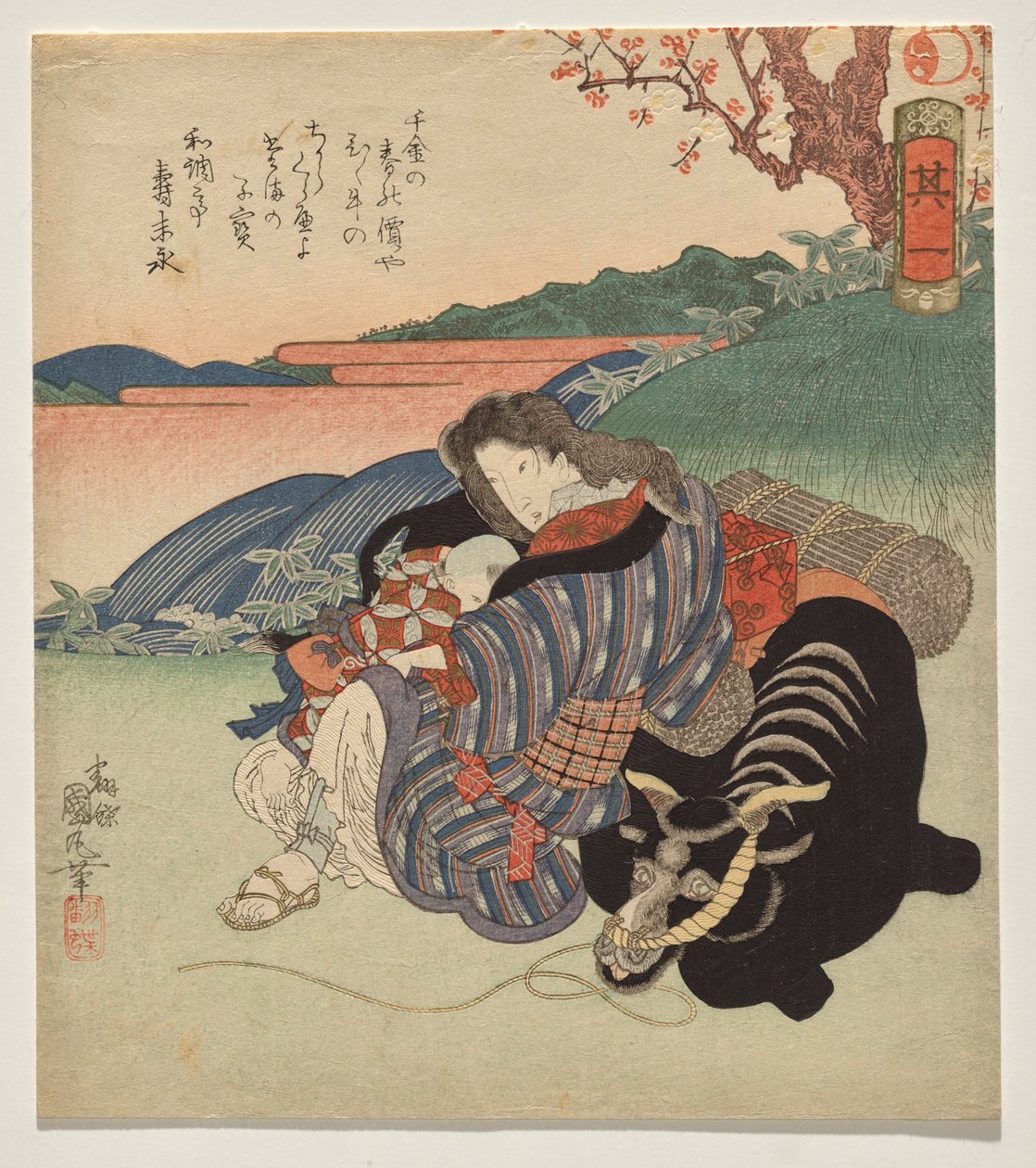 A Woman and Boy Resting Against an Ox by Utagawa Kunimaru