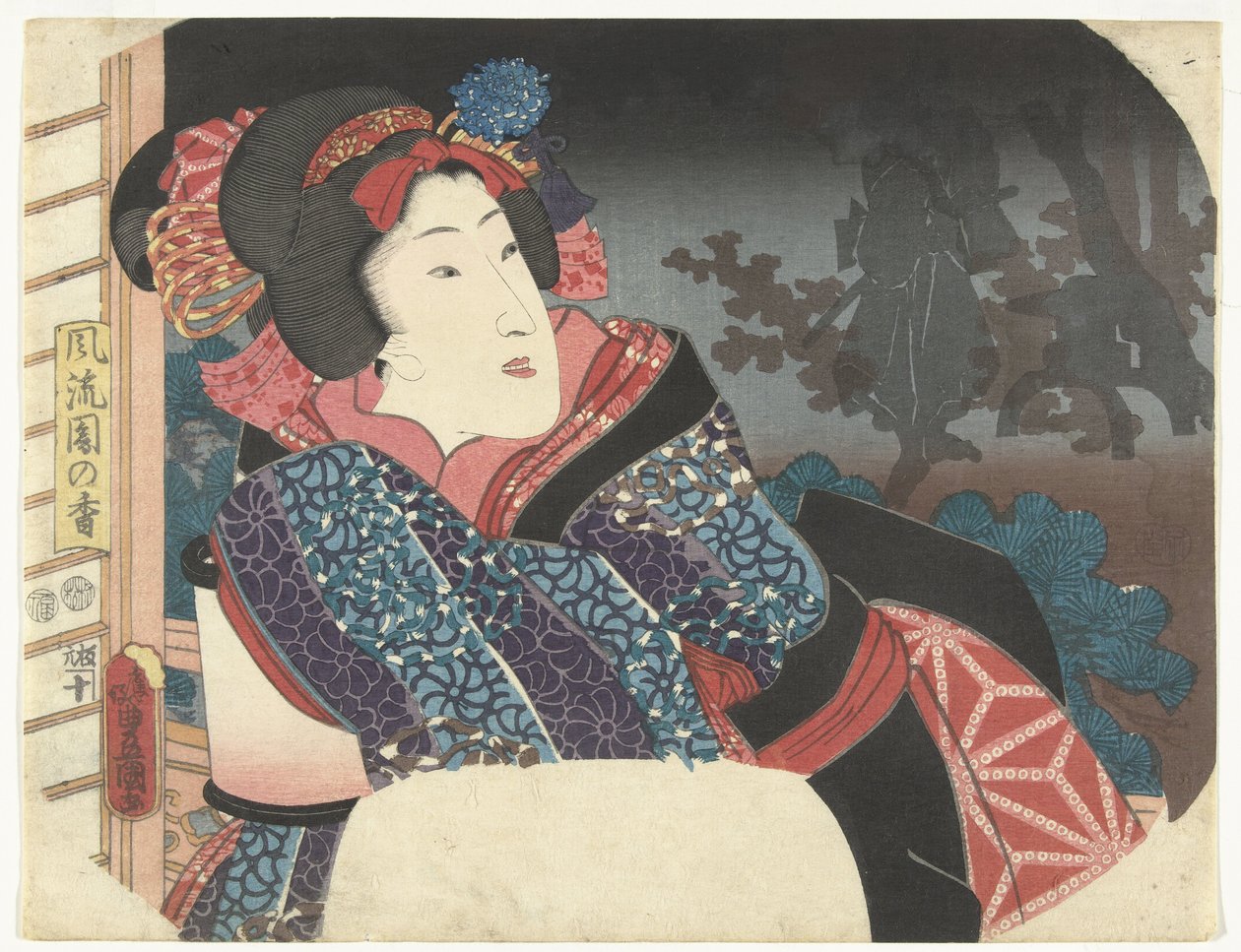 Woman Covering Lantern with Kimono (Selection of Elegant Gardens series) by Utagawa Kunisada (I)