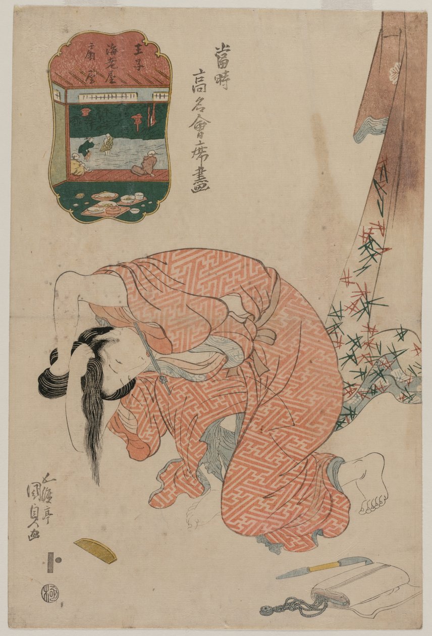 Woman Tying Her Hair (from the series Famous Restaurants of the Present Day) by Utagawa Kunisada