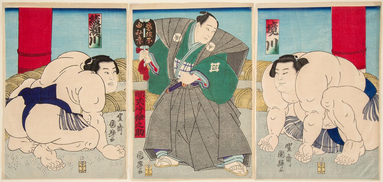 Sumo Wrestlers Shakaigawa and Ayasemawa by Utagawa Kuniteru