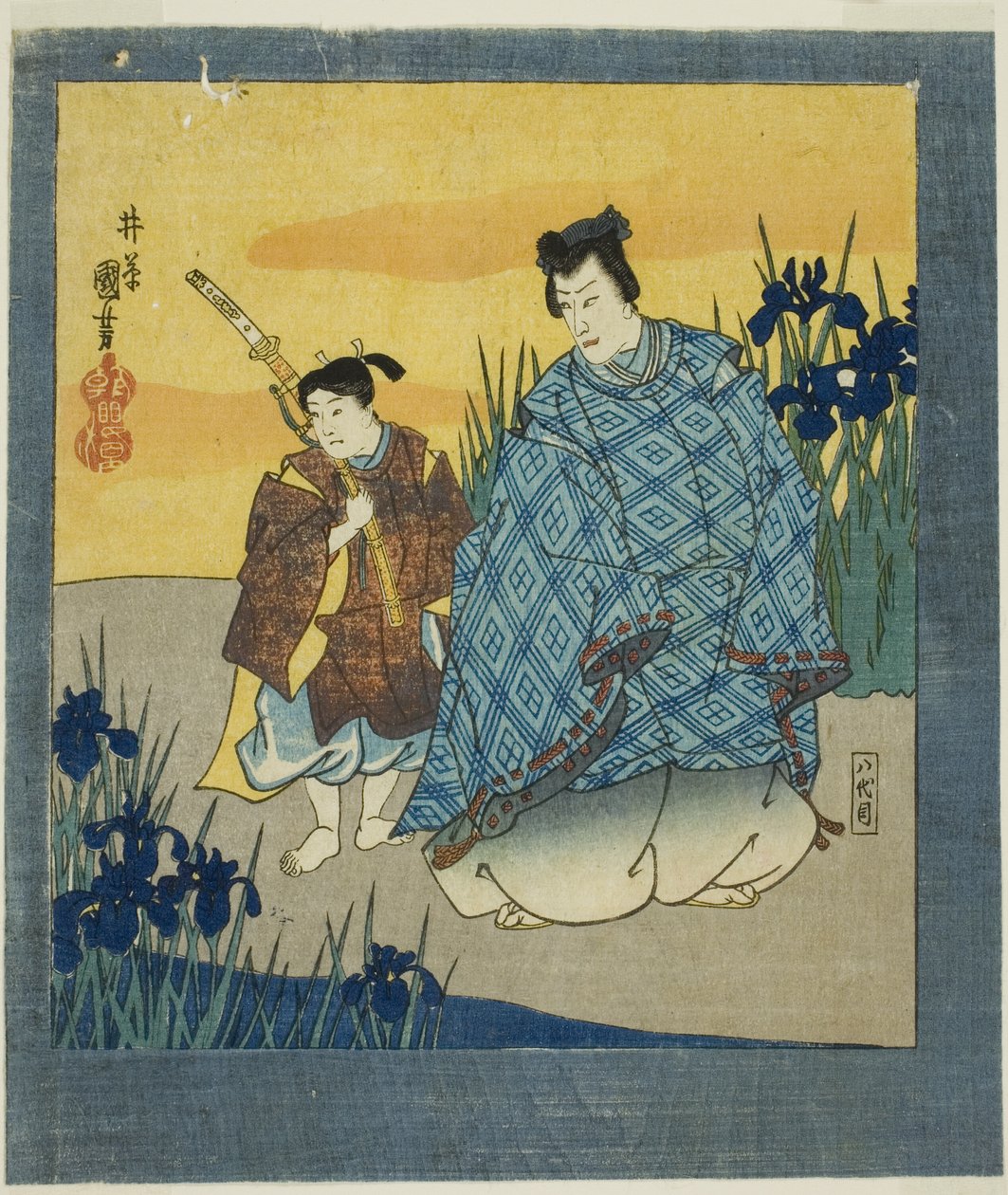 Actor Ichikawa Danjuro VIII as Narihira at Yatsuhashi from "A Six-fold Screen of Famous Pictures (Meiga rokushi byobu)" by Utagawa Kuniyoshi