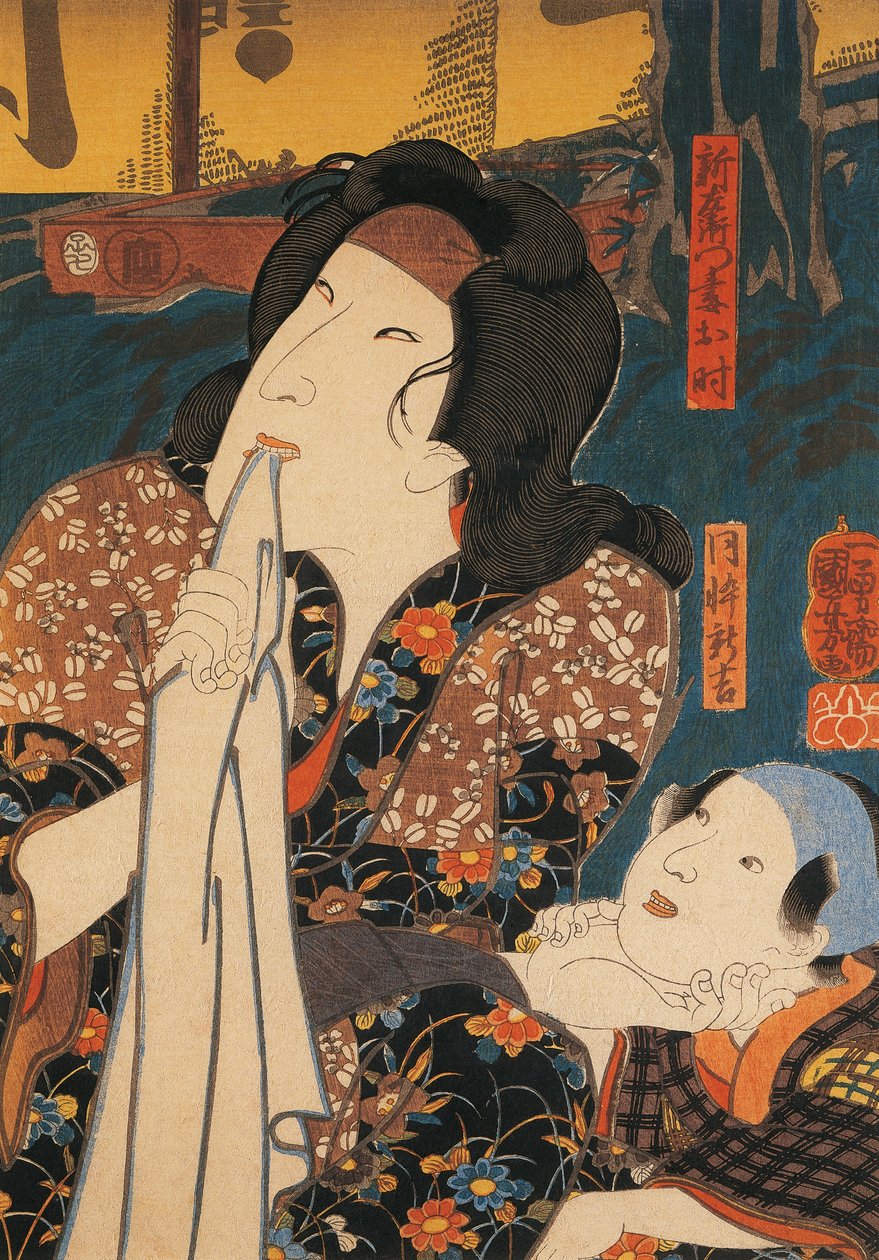 Actor in pensive pose beside child by Utagawa Kuniyoshi