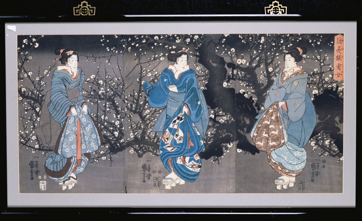 An Oban Triptych Depicting a Nocturnal Scene with Three Bijin by Utagawa Kuniyoshi