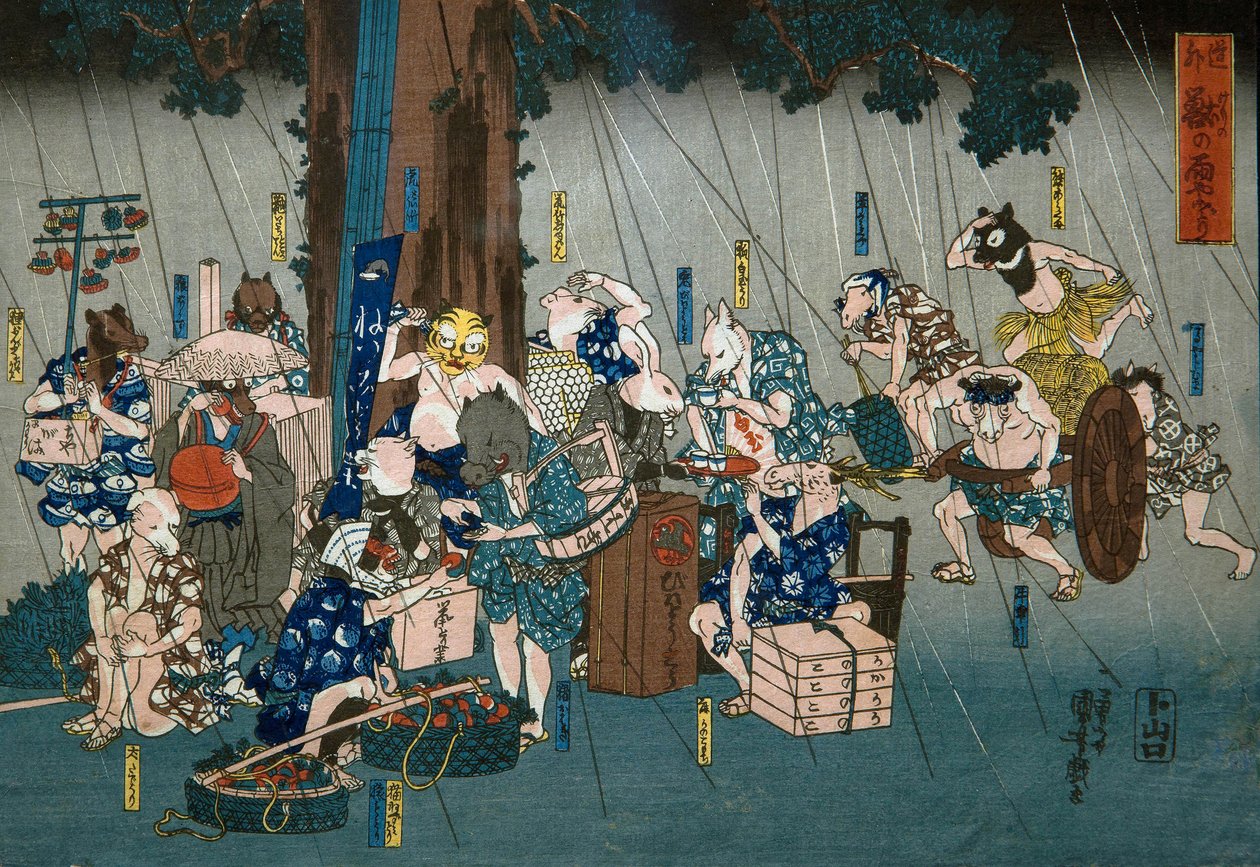 Comic Animals Taking Shelter from Rain by Utagawa Kuniyoshi