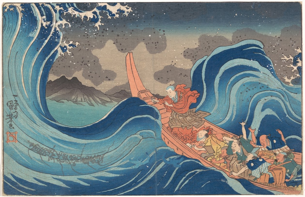 Concise Illustrated Biography of Monk Nichiren: Calming the Stormy Sea at Tsunoda in Exile to Sado Island by Utagawa Kuniyoshi