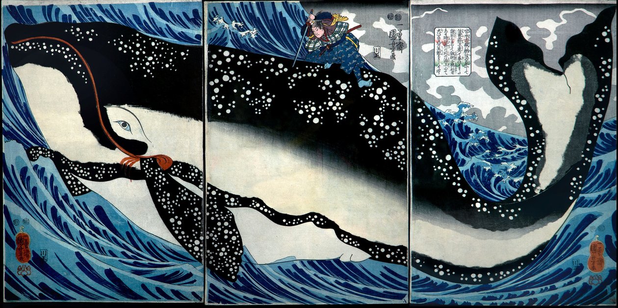 Miyamoto Musashi Kills an Enormous Whale, c.1847 by Utagawa Kuniyoshi