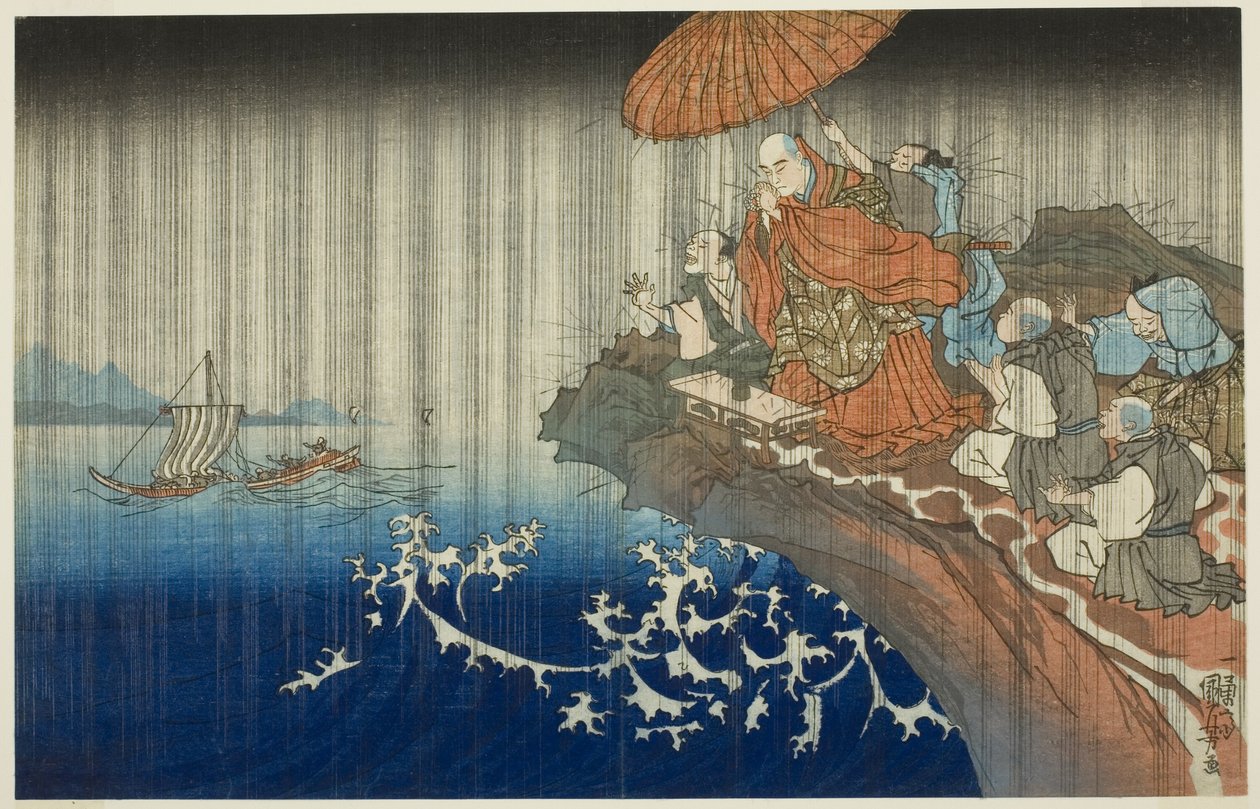 Praying for Rain at Ryozengasaki in Kamakura, 1271, from the series "Concise Illustrated Biography of the Great Priest [Nichiren]" by Utagawa Kuniyoshi