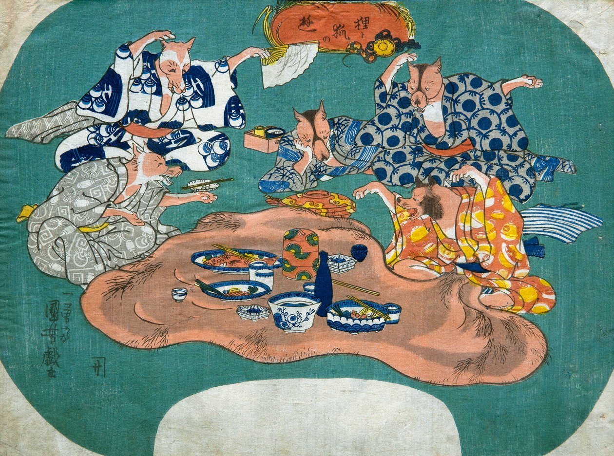Racoon Dog and Fox at Play, c.1842 by Utagawa Kuniyoshi