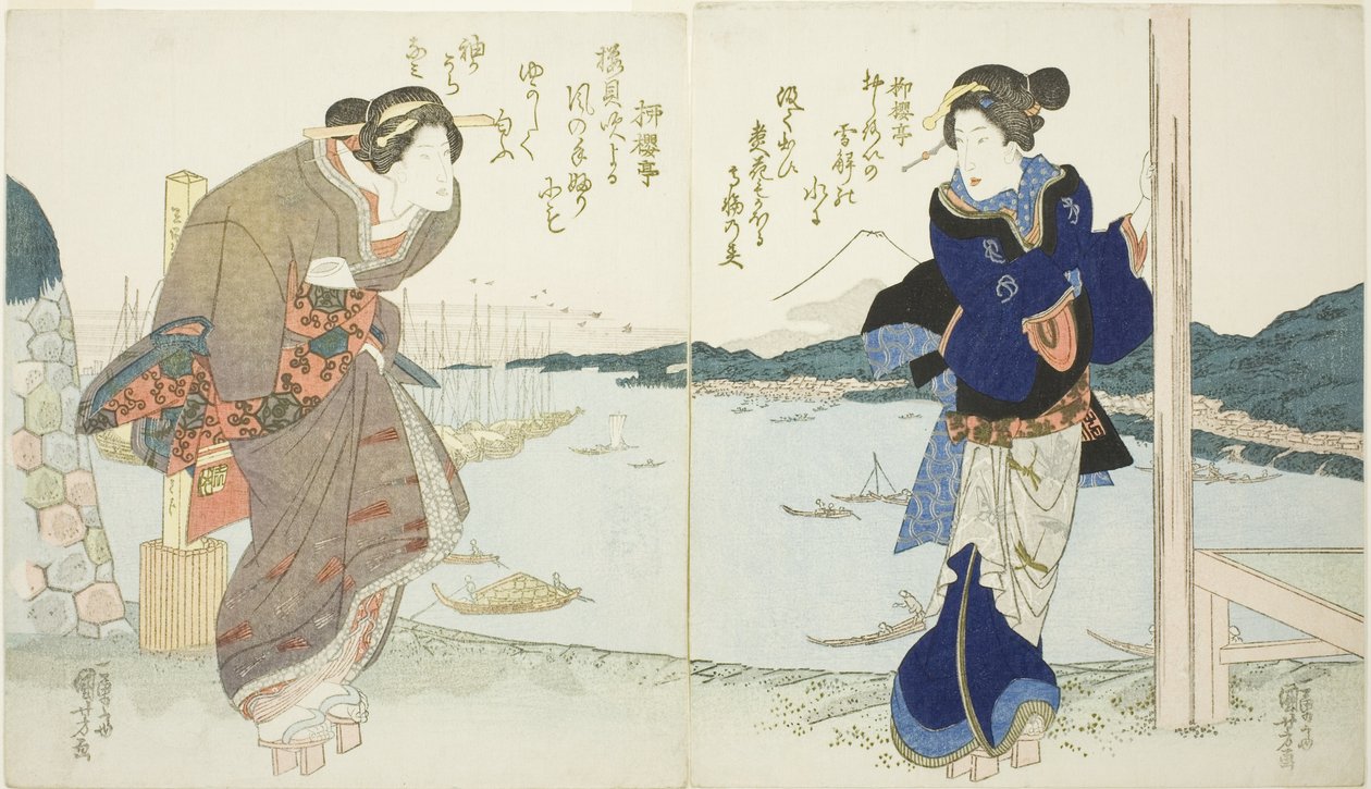 Two women by a tea house in Takanawa by Utagawa Kuniyoshi