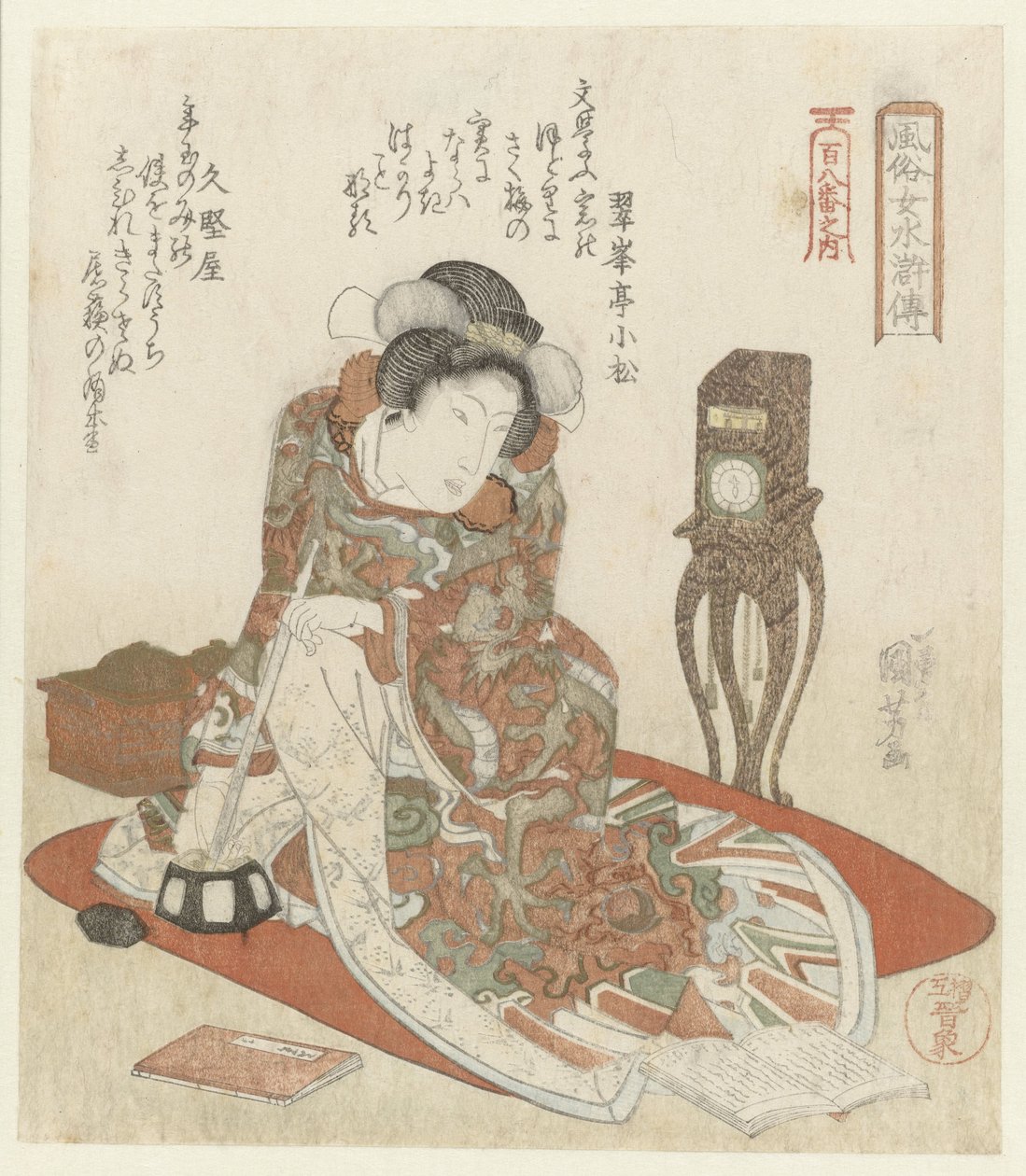 Woman with Clock Elegant Women as the Heroes of the Suikoden - from a Series of One Hundred and Eight (series title) by Utagawa Kuniyoshi