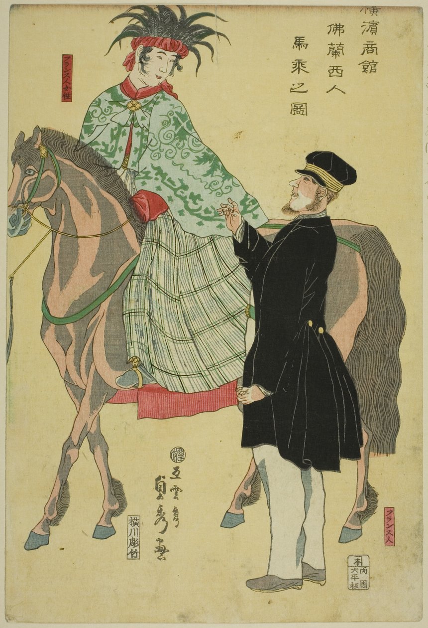 Merchants of Yokohama: French Woman on Horseback by Utagawa Sadahide
