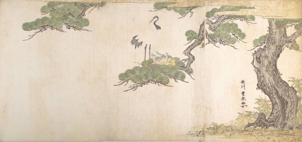 Crane and Their Young in Their Nest in the Branches of a Pine-tree by Utagawa Toyoharu