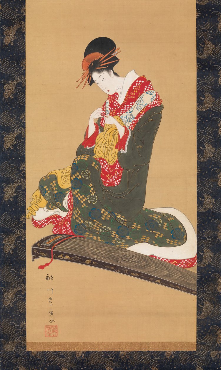 Woman Putting on Finger Plectrums to Play the Koto, early 19th century by Utagawa Toyohiro