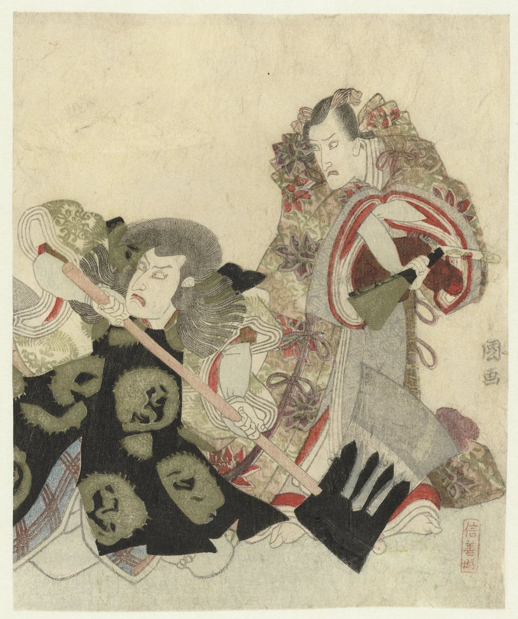 Ichikawa Danjūrō VII as Yoshimune no Munesada with Fan and Ichikawa Omezō as Sekibei with Axe by Utagawa Toyokuni (I)