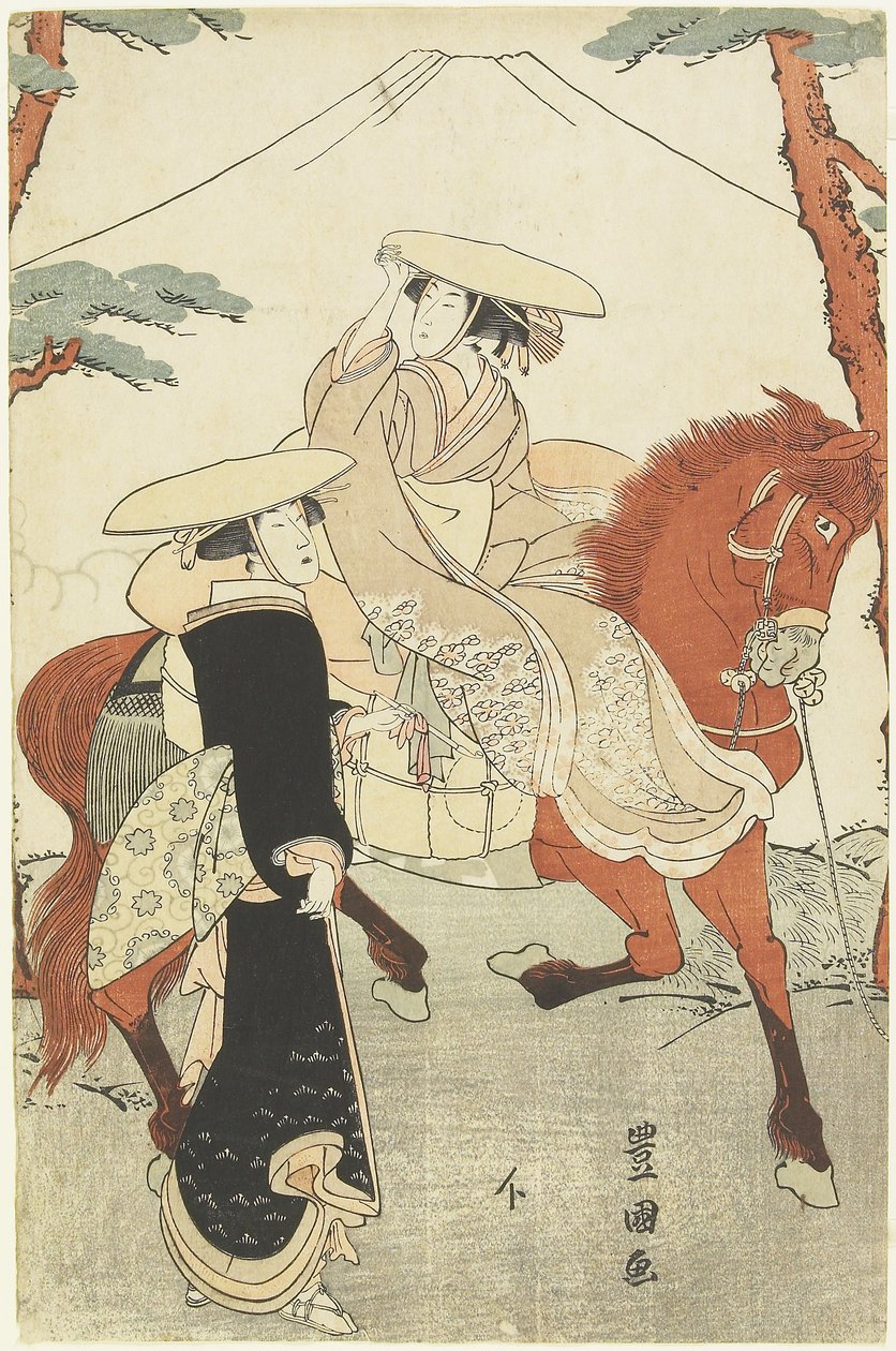 Two Women, One Walking, One on Horseback by Utagawa Toyokuni