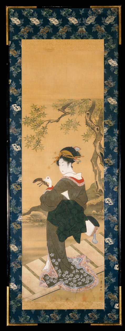 A full length portrait of a woman tuning her shamisen on a veranda by Utagawa Toyokuni