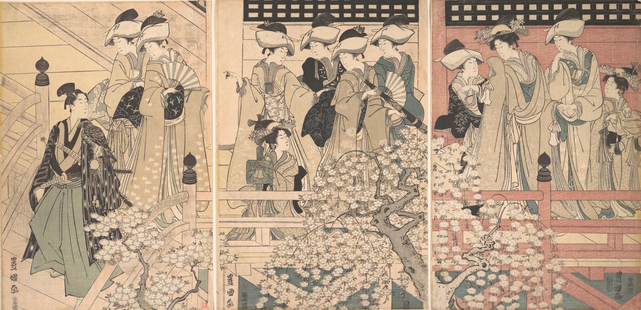 Beauties on a Veranda among Cherry Blossoms from which a Samurai is Departing by Utagawa Toyokuni I
