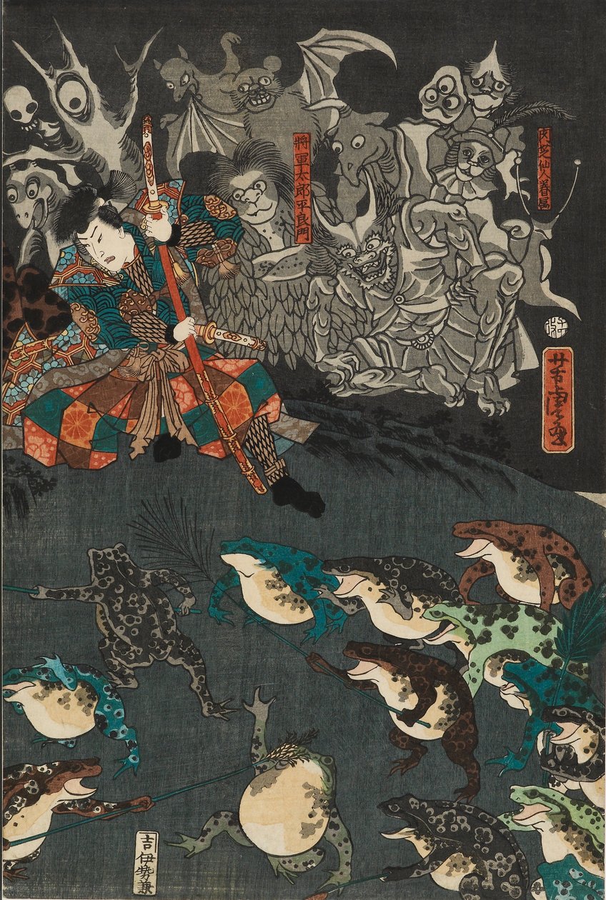 Nikushi the Frog Spirit Conjures up a Magical Battle of Frogs at Tateyama in Etchu Province by Utagawa Yoshitora