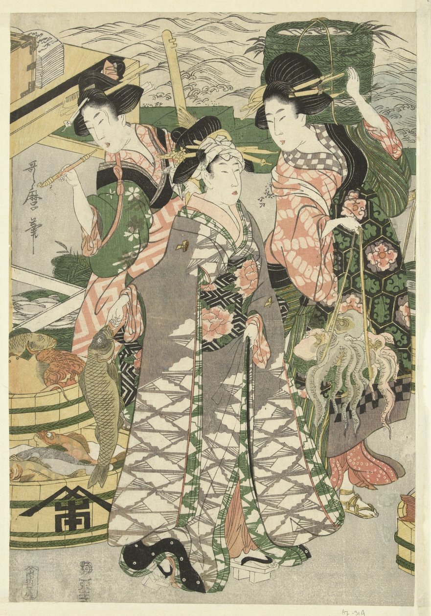 View of the Fish Market on the Beach at Shiba by Utamaro (II) , Kitagawa