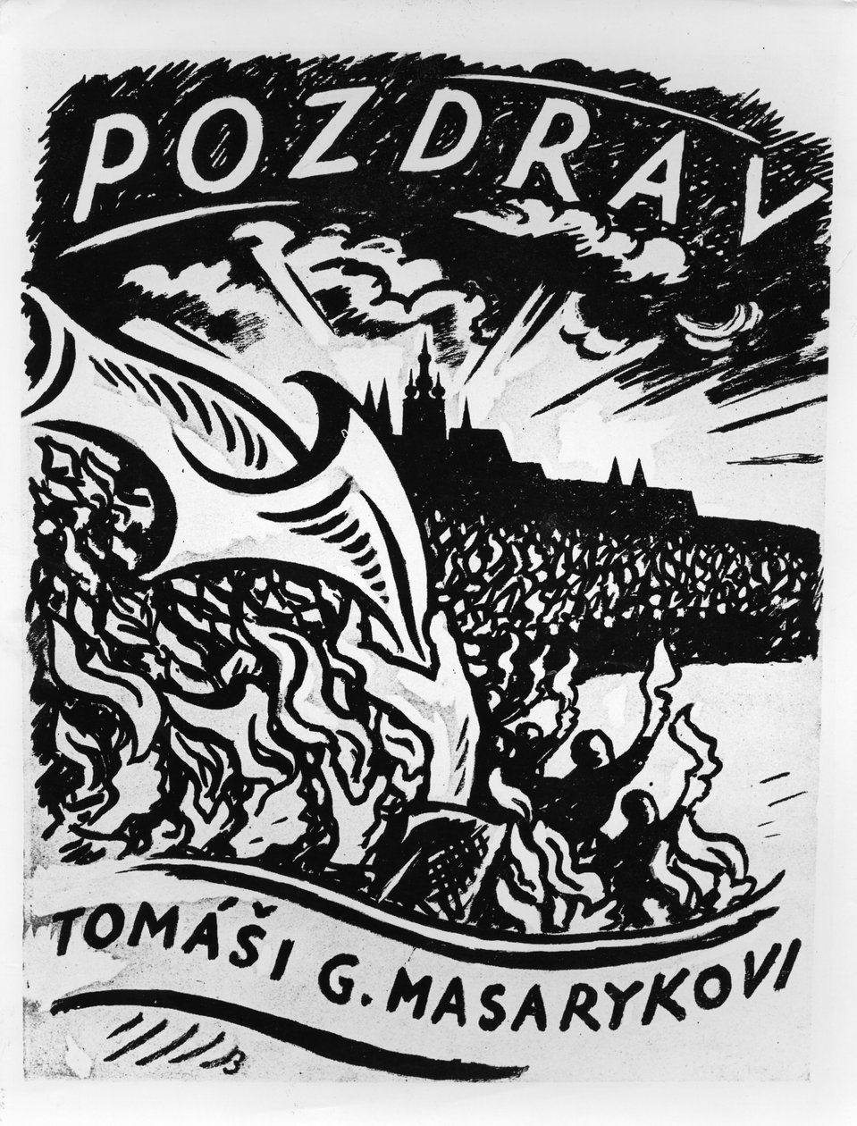 Greetings, Tomas Masaryk, illustration of the entry of Masaryk to Prague on 8 December, 1918 by V.H. Brunner