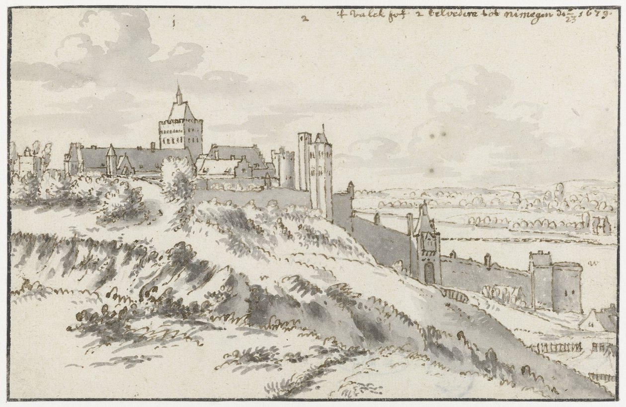 View of the Valkhof and Belvedere at Nijmegen by Valentijn Klotz (possibly)