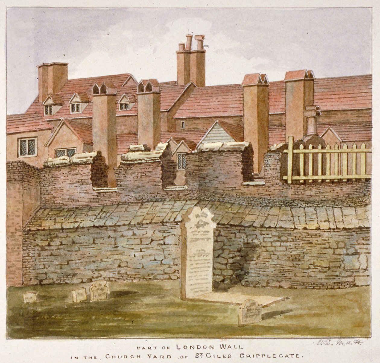 Remains of London Wall in the Churchyard of St Giles without Cripplegate, City of London, 1825 by Valentine Davis