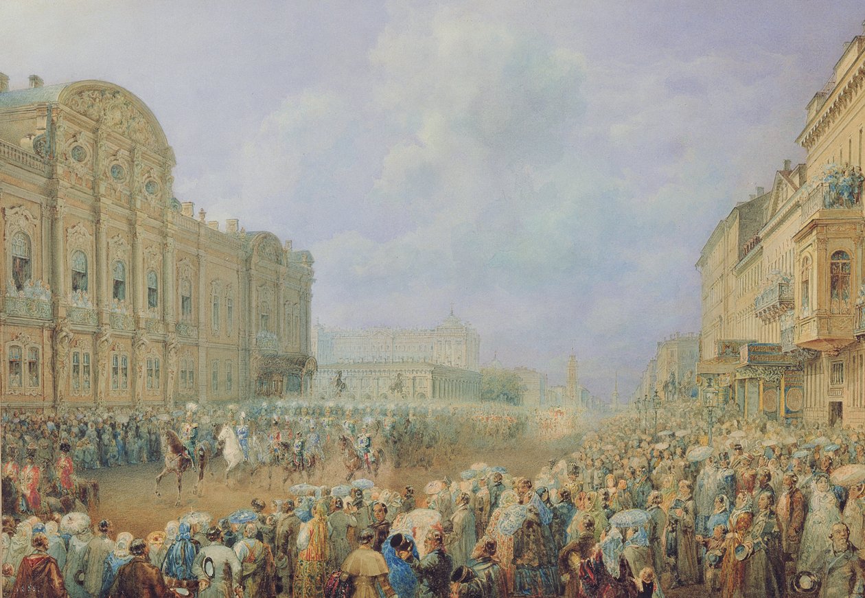 Military Review on the Nevsky Avenue at the Beloselsky-Belozersky Palace, 1859 by Vasili Semenovich Sadovnikov