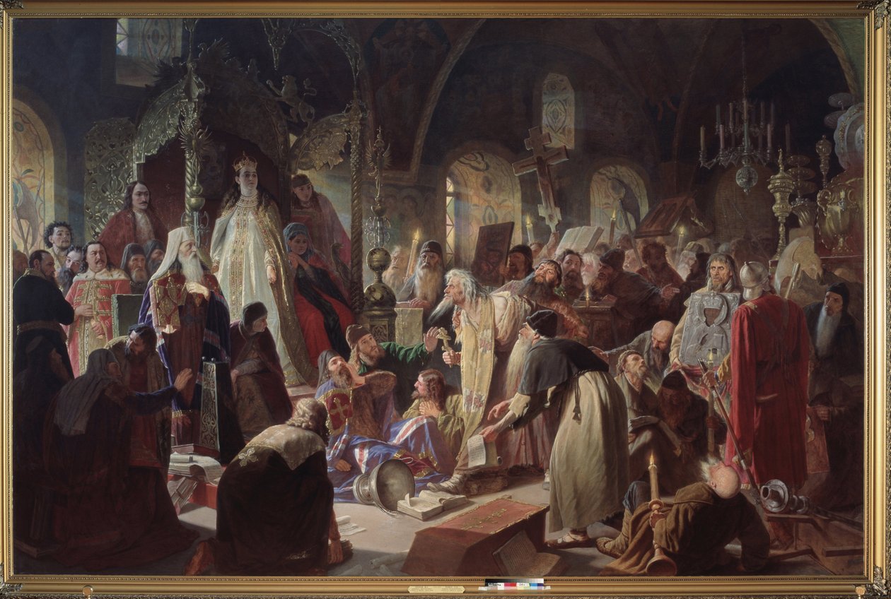 The Old Believer Priest Nikita Pustosvyat Debating with the Patriarch of Moscow, Joachim, on the Question of Faith in the Presence of Regent Sophia Alekseyevna Romanova by Vasili Grigorevich Perov