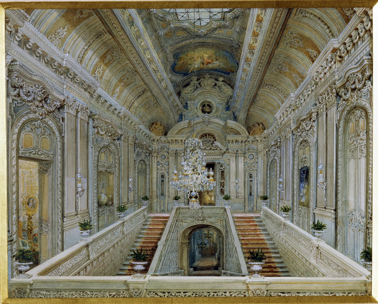 The Main Staircase in the Yusupov Palace in St Petersburg by Vasili Semenovich Sadovnikov