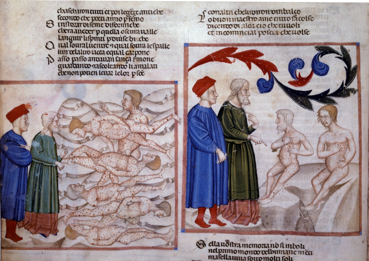 Dante and Virgil in Conversation with Grifolino of Arezzo and Capocchio of Siena, 14th century by Venetian School