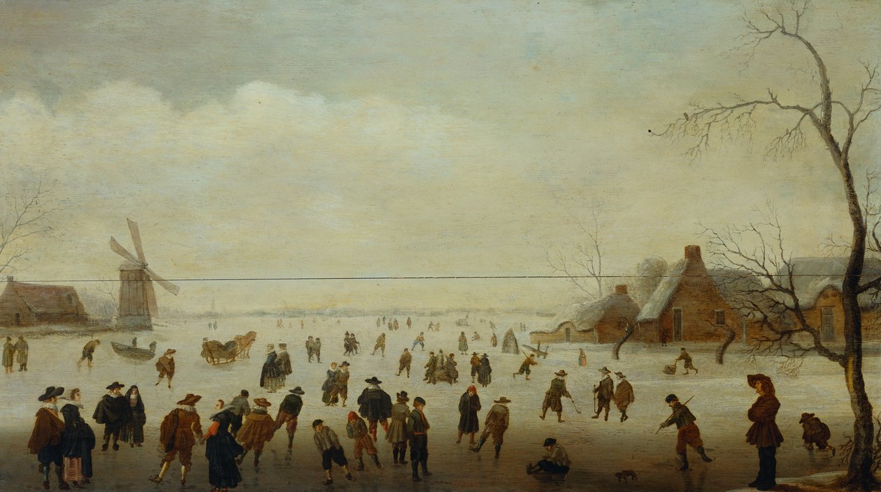 Winter landscape with numerous skaters, golf players and peasants on frozen waterways by Verstralen