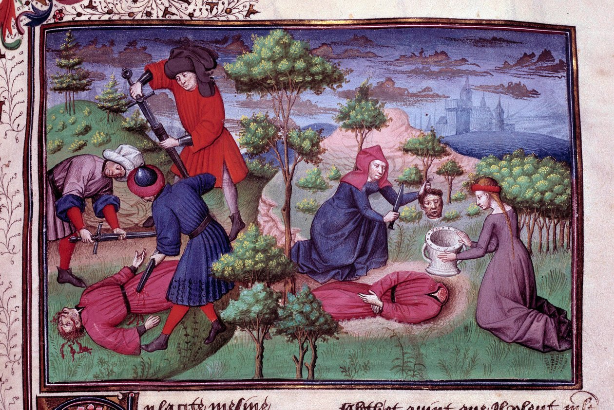 Murder scene of two men whose murderers cut their head off. Page of a manuscript in French of the Decameron by Giovanni Boccaccio. 1450. Paris, Library of the Arsenal by Vicente de Paredes