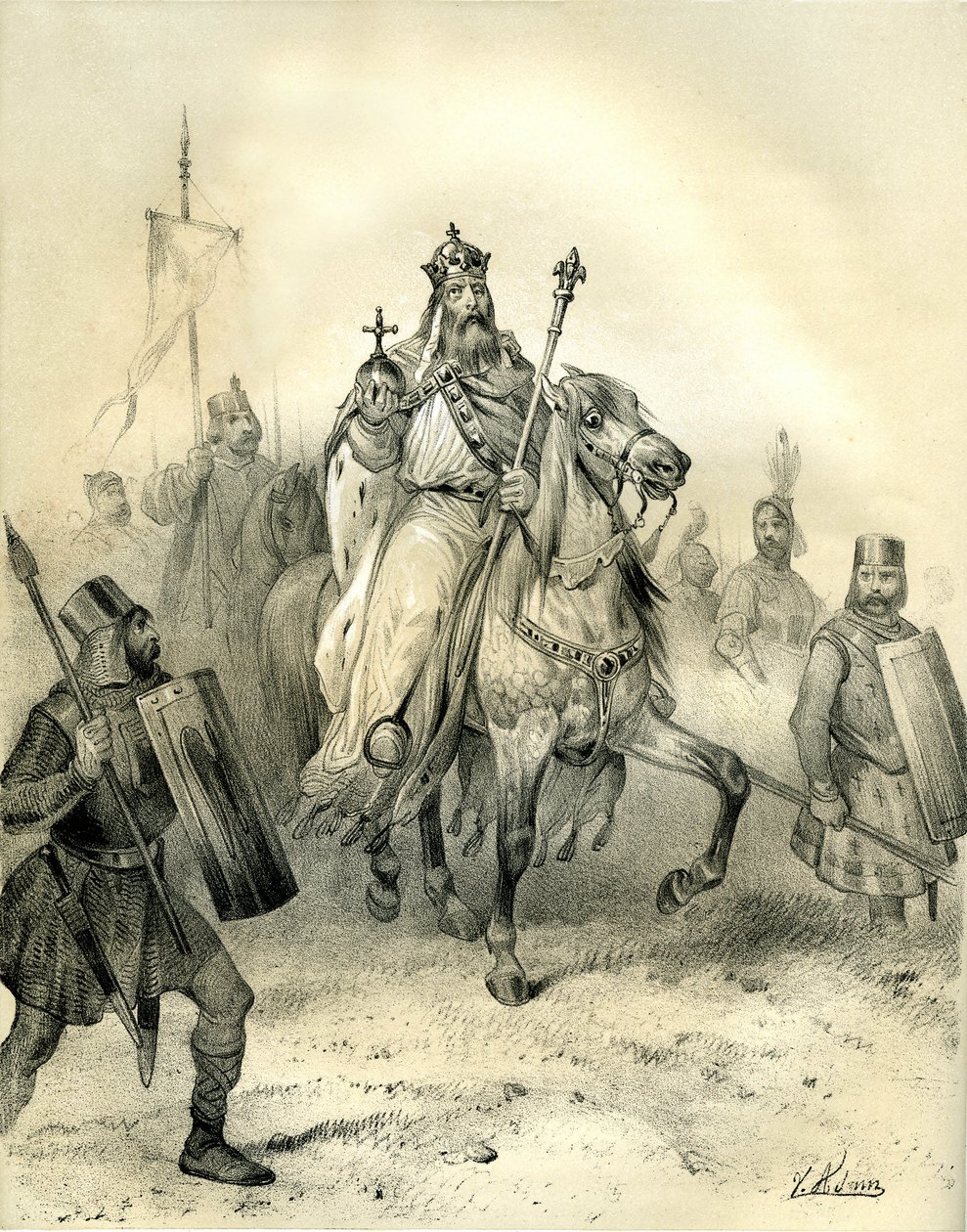 Emperor Charlemagne, Bearing the Emblems of Power, Rides at the Head of His Troops Soldiers in Armor. Engraving by Victor Adam in the Book 
