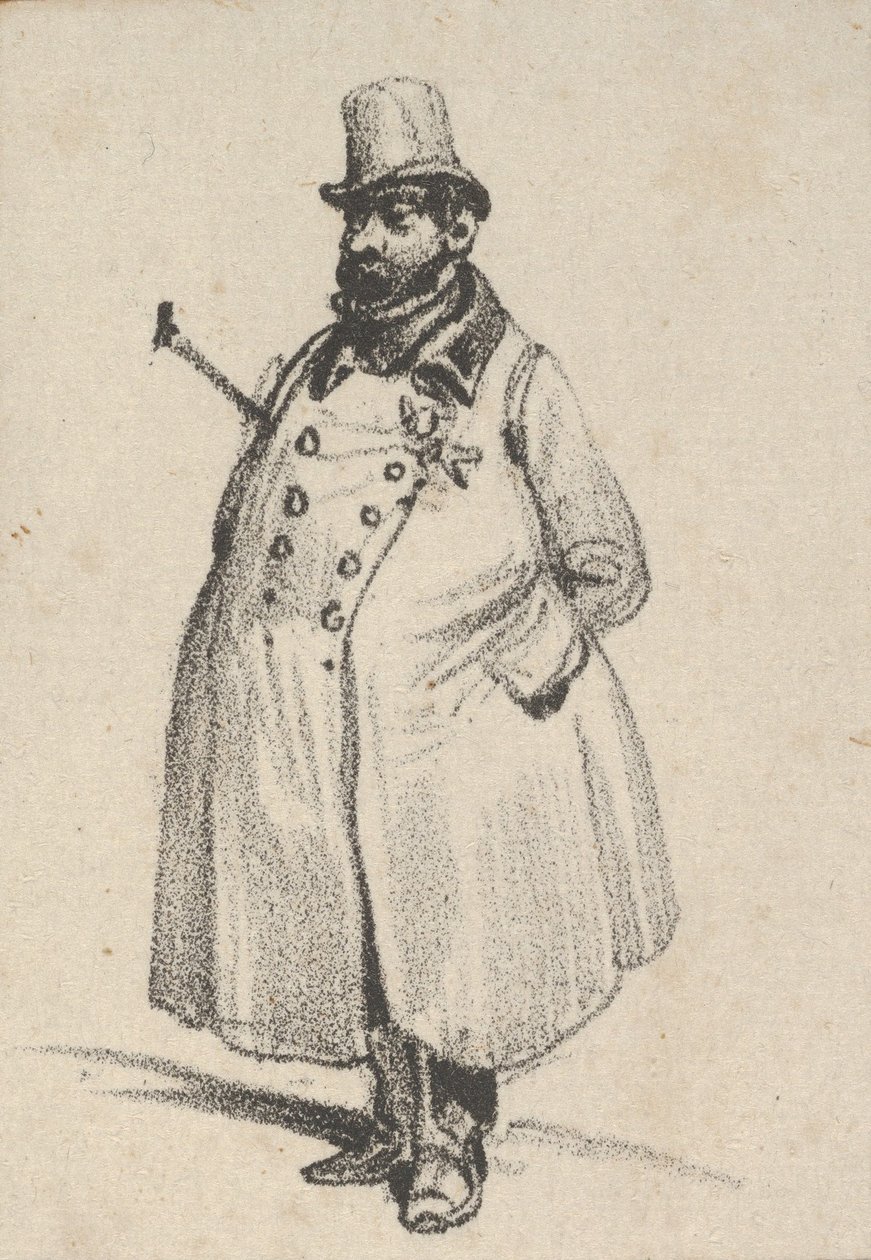 Man wearing a coat and a hat with a cane under his arm, mid-19th century by Victor Adam