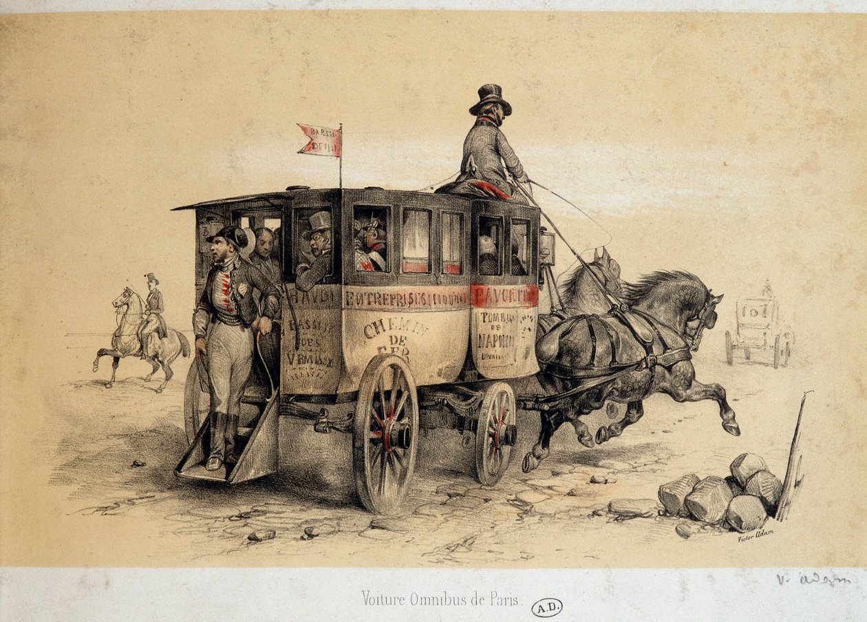 Paris omnibus car - Lithography by Adam, ca. 1840 by Victor Adam