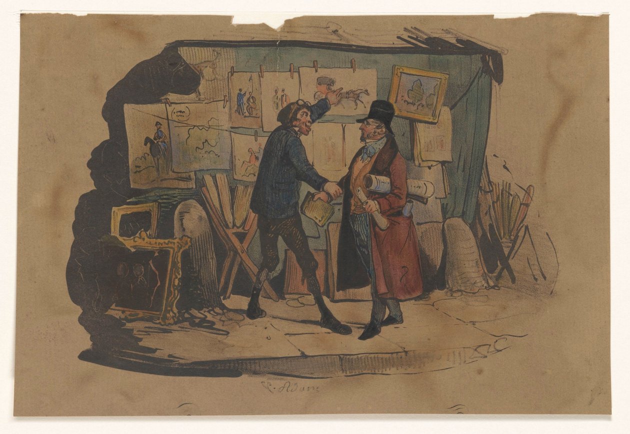 Street Vendor with a Stall Full of Art Stops a Man by Victor Adam