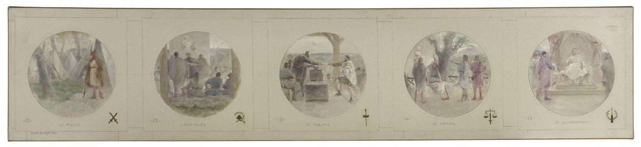 Sketch for the Lobau Gallery of the Hôtel de Ville de Paris: The Militia. The Assembly. Voting. Justice. The Government by Victor Jean Pierre Maziès