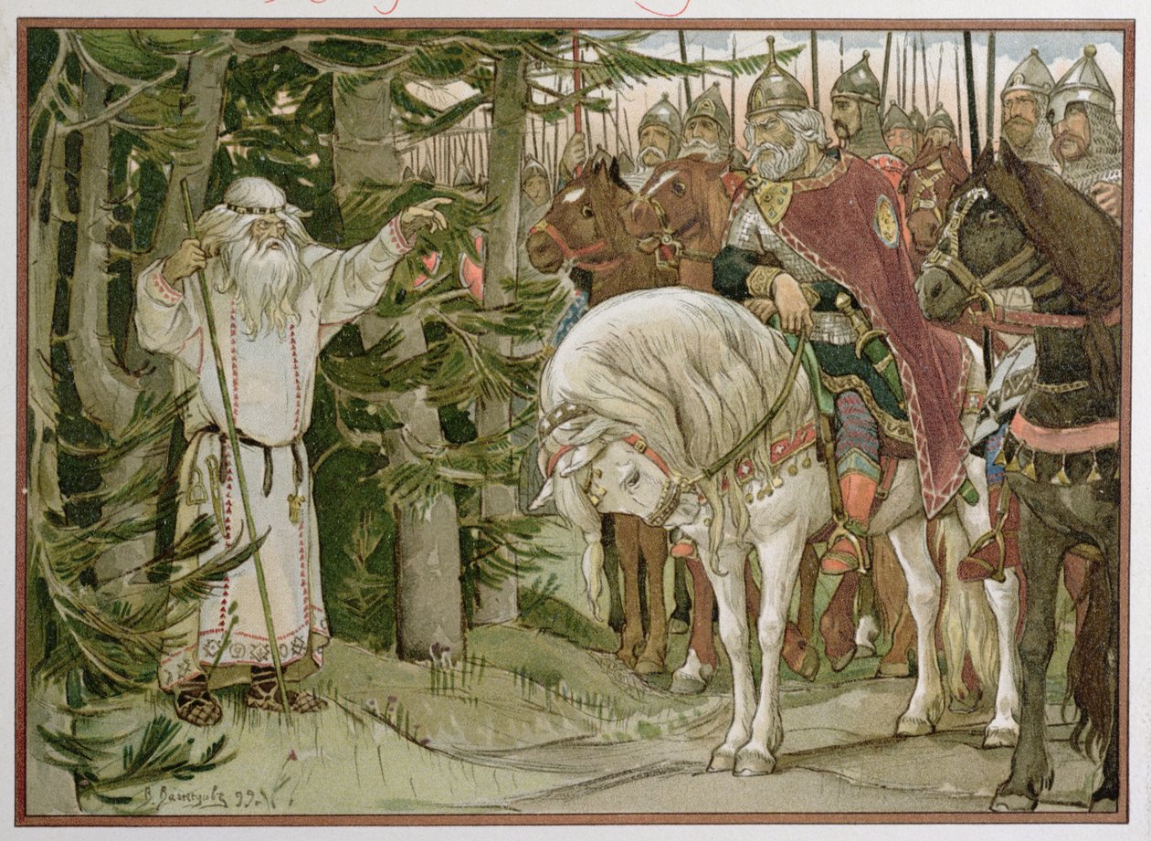 Prince Oleg meets the soothsayer who prophesizes that his horse will be the cause of his death, illustration from 