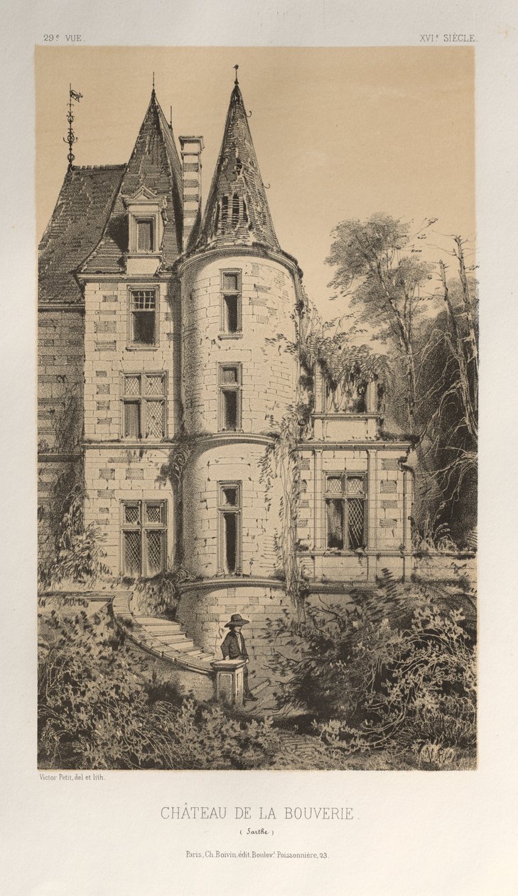 Picturesque Architecture or Monuments of the 15th and 16th Centuries: Castles of France of the 15th and 16th Centuries: Pl. 29, Castle of La Bouverie (Sarthe) by Victor Petit