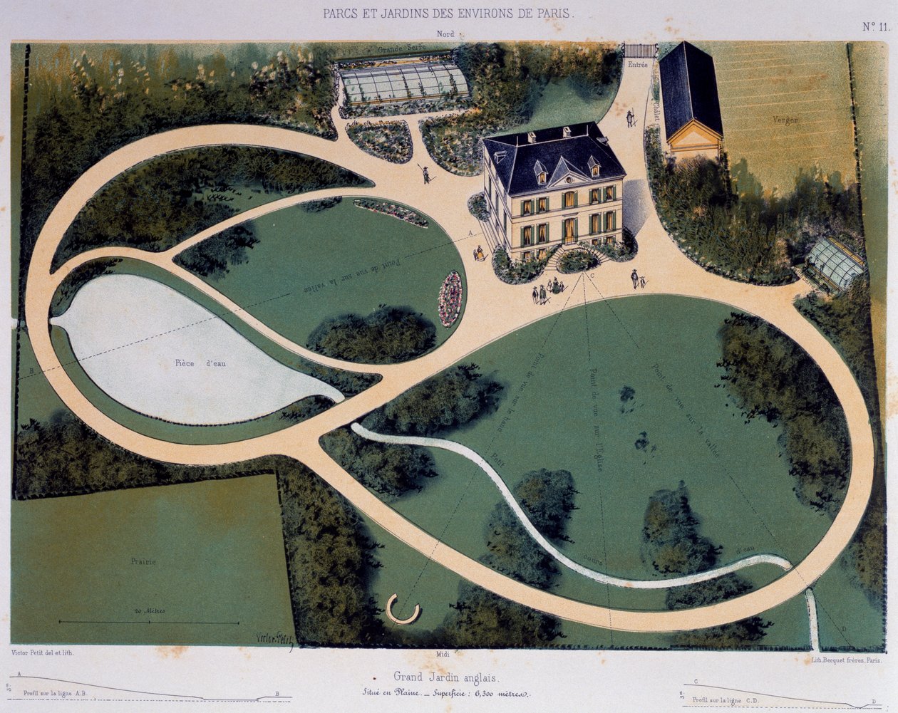Large English Garden of 6300 Square Metres, Illustration Taken from Parcs et Jardins des Environs de Paris (Parks and Gardens around Paris), Ca 1850 by Victor Petit