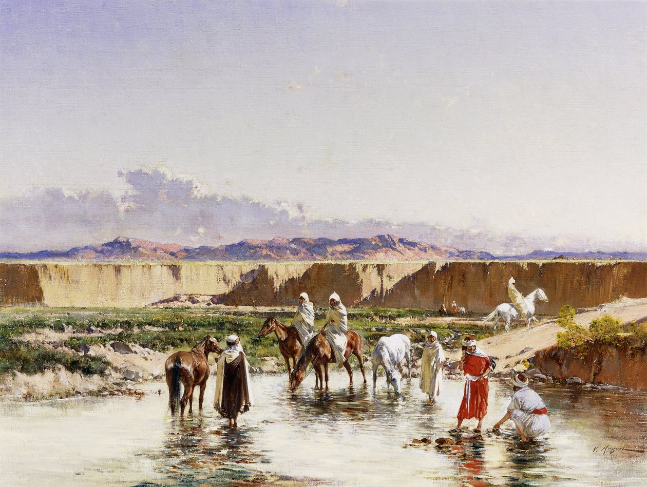 Arab Horsemen watering in an Oasis by Victor Pierre Huguet