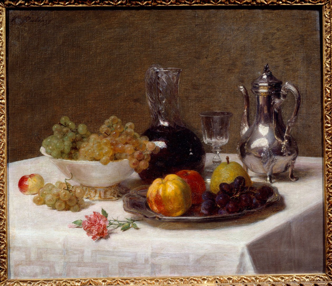 Table Corner Still Life of Fruit (Grapes, Quince, and Pear), Silverware, and Wine Jug by Victoria Dubourg