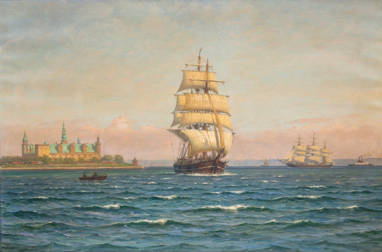 Sailing Ships and a Ferry off Kronborg by Vilhelm Arnesen